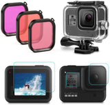 GoPro Hero 8 Black Waterproof Case Diving Protective Housing Case + 3 Pack Filter + 4 Pack Ultra Clear Tempered Glass Screen Protectors - F/Stop Labs